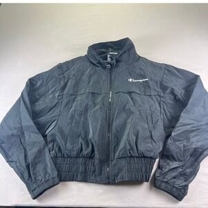 Champion Womens Black Crinkle Nylon Full Zip Cropped Windbreaker Jacket Small